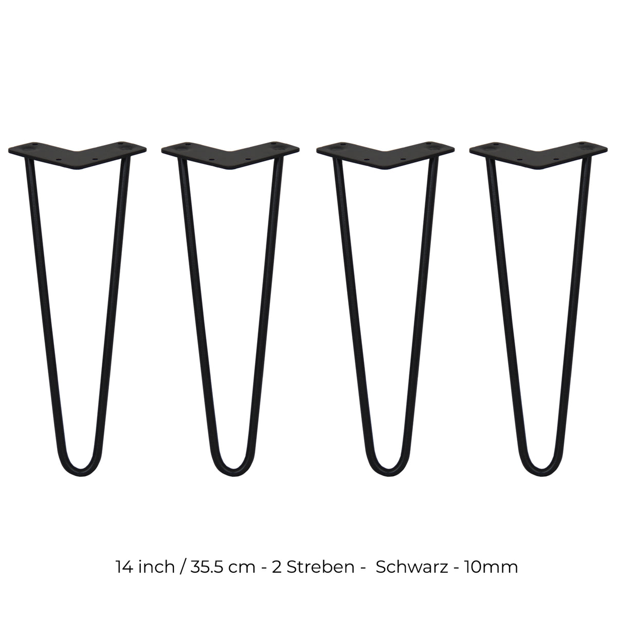 Schwarze Hairpin Tischbeine aus Metall, 35,5 cm hoch, mit zwei Streben und 10 mm dickem Material, ideal für moderne Möbelgestaltungen