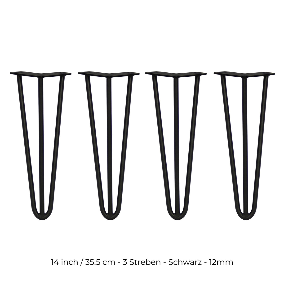 Schwarze Hairpin Tischbeine aus Metall, 35,5 cm hoch, mit drei Streben und 12 mm Durchmesser, ideal für moderne Möbelgestaltungen