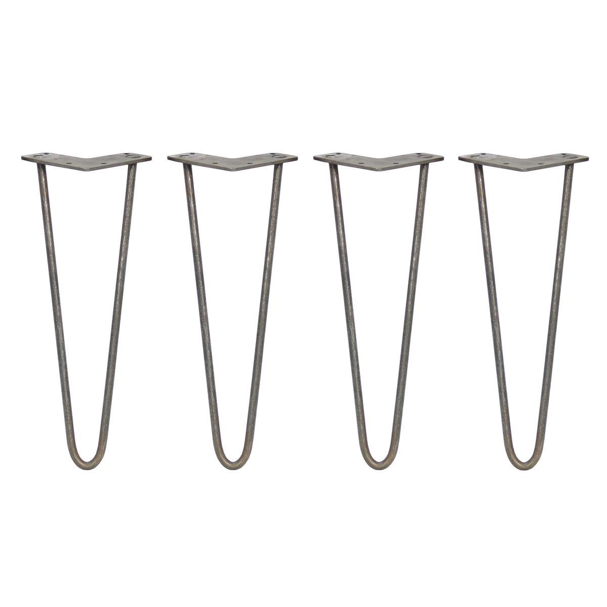 Vier 35,5 cm hohe Hairpin Tischbeine aus Rohstahl mit zwei Streben, elegant geschwungen, robust und ideal für moderne Möbelprojekte