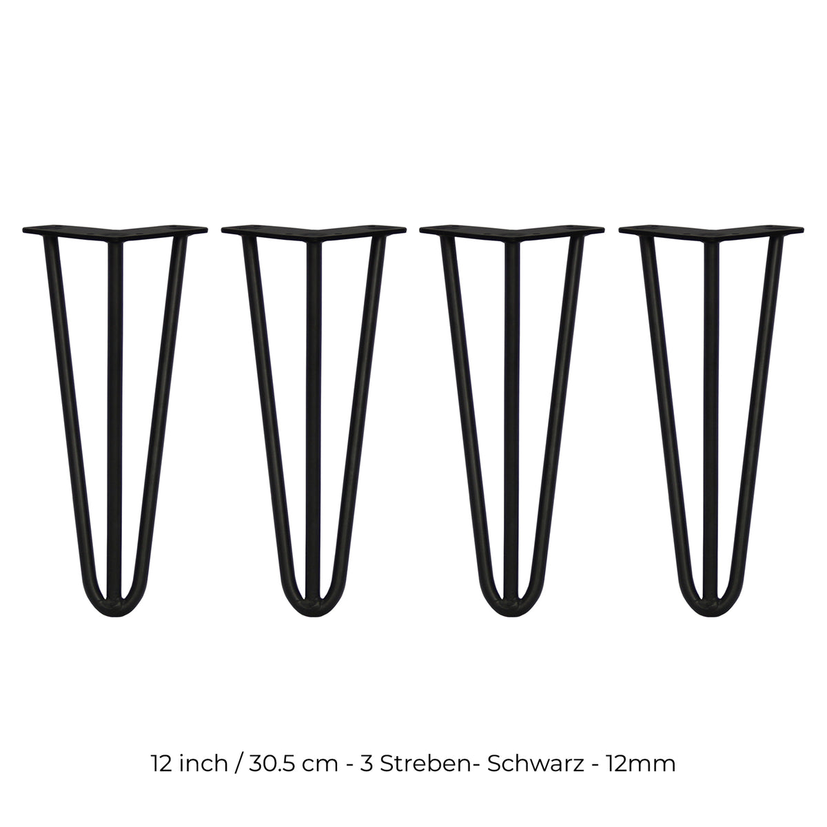 Schwarze Hairpin Tischbeine mit drei Streben, 30,5 cm hoch, aus robustem Metall, ideal für moderne Möbelgestaltungen