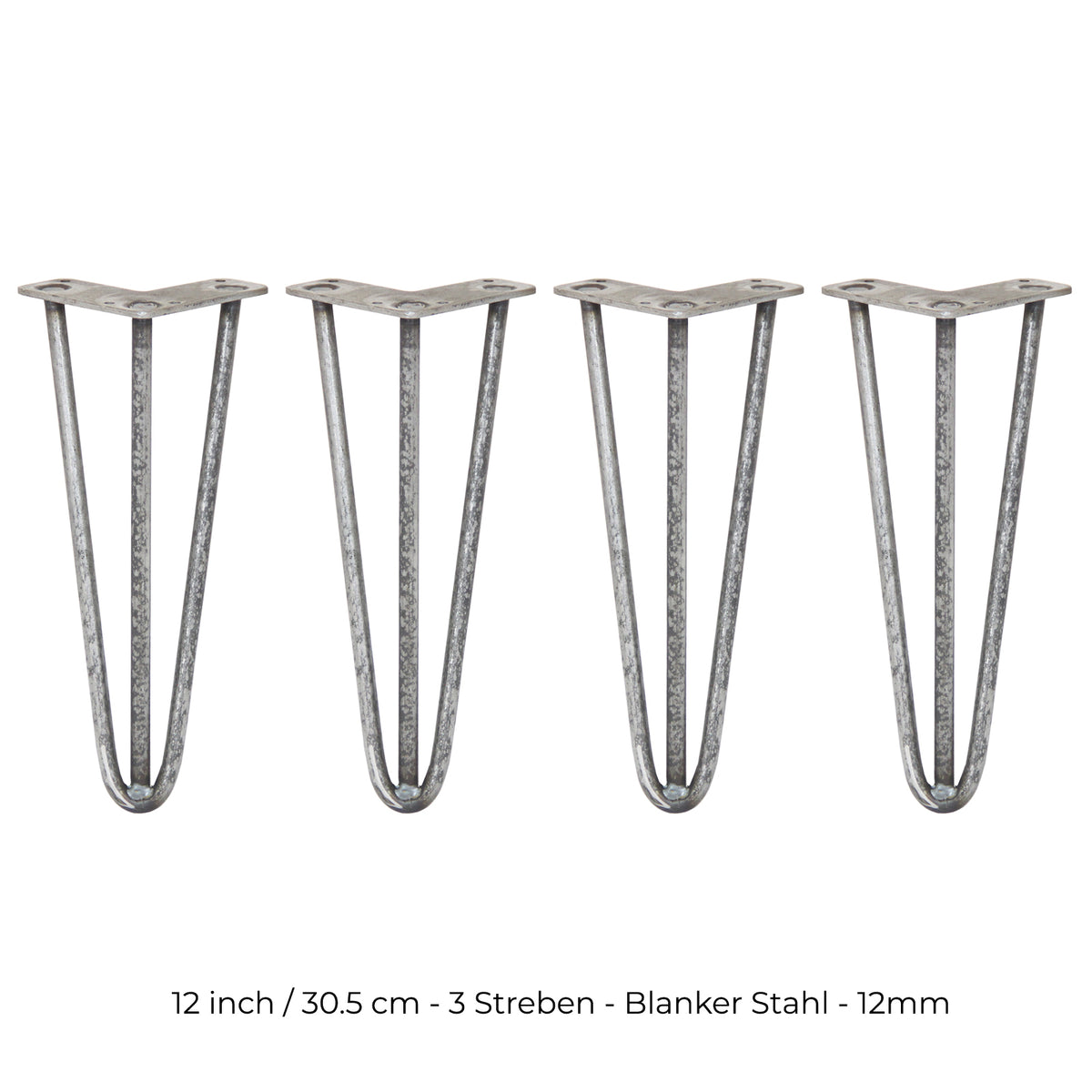 Vier 30,5 cm lange Hairpin Tischbeine aus Rohstahl mit drei Streben, robust und modern, ideal für individuelle Möbelprojekte