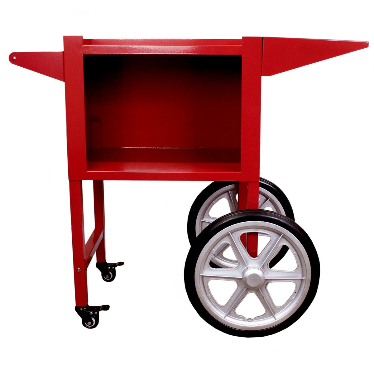 Roter Hot Dog Wärmer mit Wagen, aus robustem Metall, mit weißen Rädern und offenem Innenraum für einfache Zugänglichkeit und Mobilität
