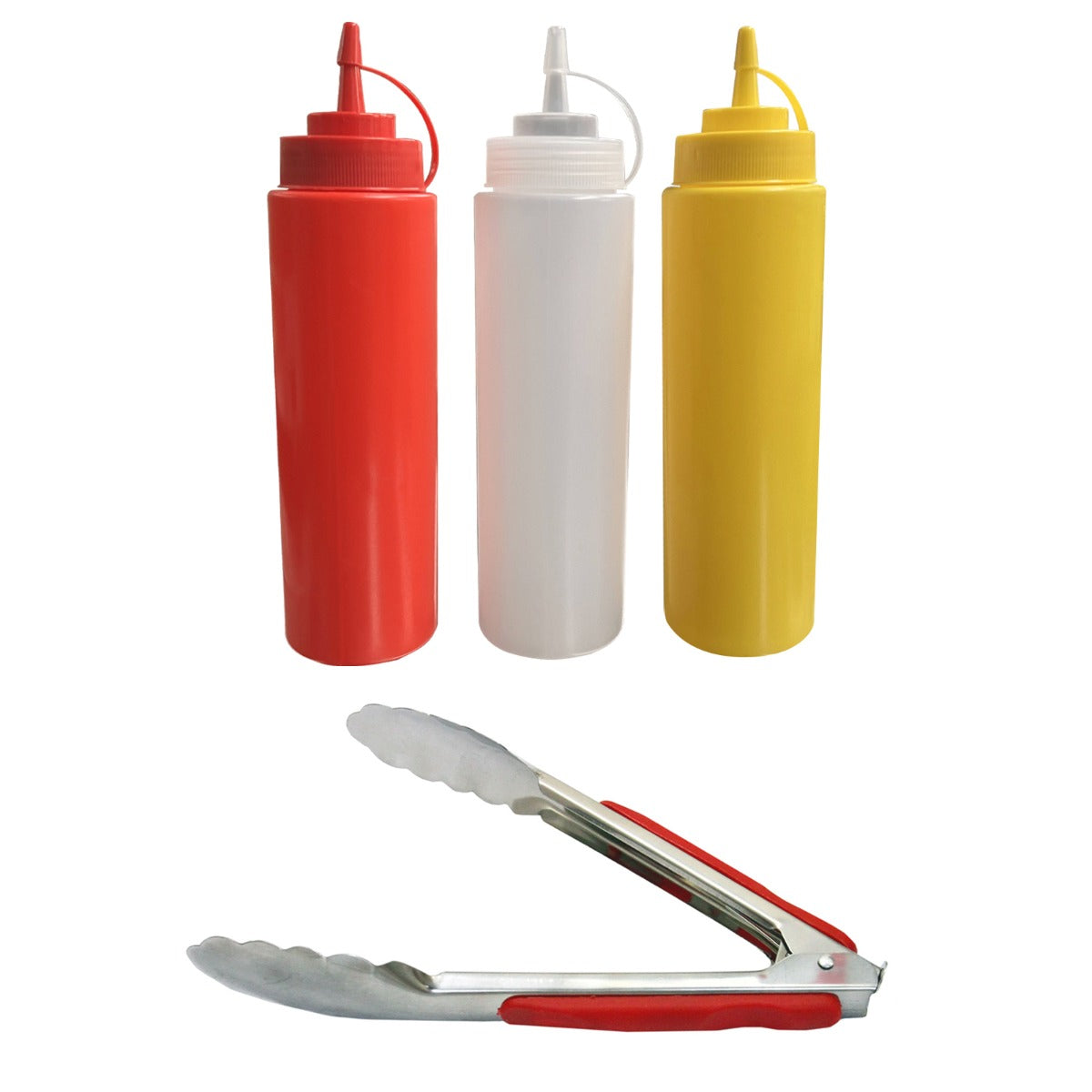 Drei Flaschen mit Senf, Ketchup und Mayonnaise in Rot, Weiß und Gelb, sowie eine silberne Zange mit rotem Griff auf weißem Hintergrund