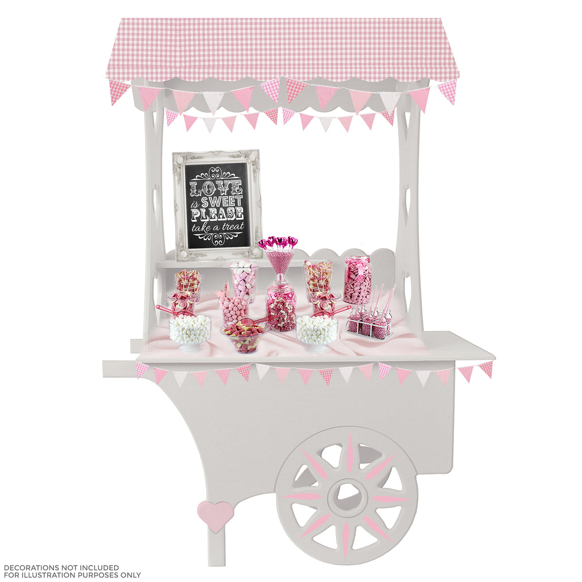 Mini Süßigkeitenstand in Weiß mit rosa Karomuster, dekoriert mit bunten Süßigkeiten, Gläsern und herzlichen Wimpeln, ideal für Partys und Feiern