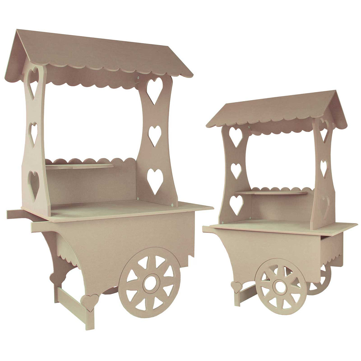 Zwei niedliche, beige Candy Bar Süßigkeitenstände aus Holz mit herzförmigen Ausschnitten, ideal für Hochzeiten oder Partys, mit praktischen Regalen