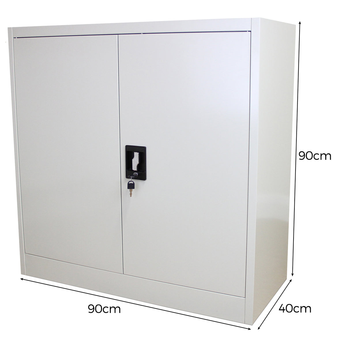 Moderner, grauer Aktenschrank aus Metall, 90 cm breit, mit zwei Türen und einem Schloss, ideal für Büros zur sicheren Aufbewahrung von Dokumenten