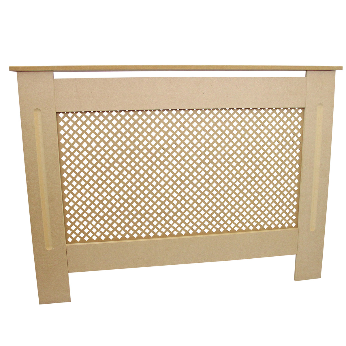 Unbehandelte MDF-Heizkörperverkleidung in hellem Beige, mit einem dekorativen Gitterdesign und stabilen, geraden Seiten, ideal für Wohnräume