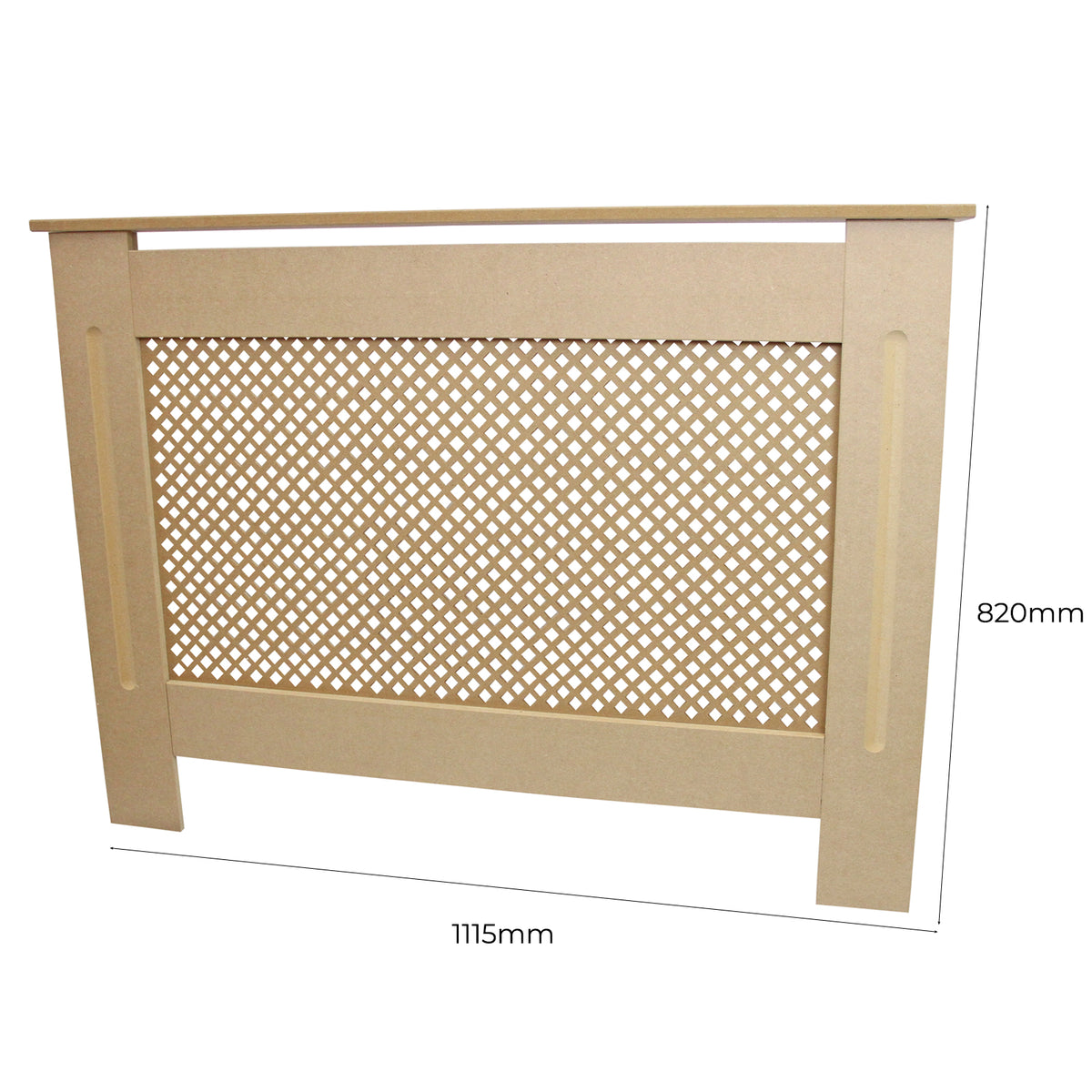 Unbehandelte MDF Heizkörperverkleidung in natürlichem Holzton, 1115mm breit und 820mm hoch, mit dekorativem Gittermuster und glatten Kanten