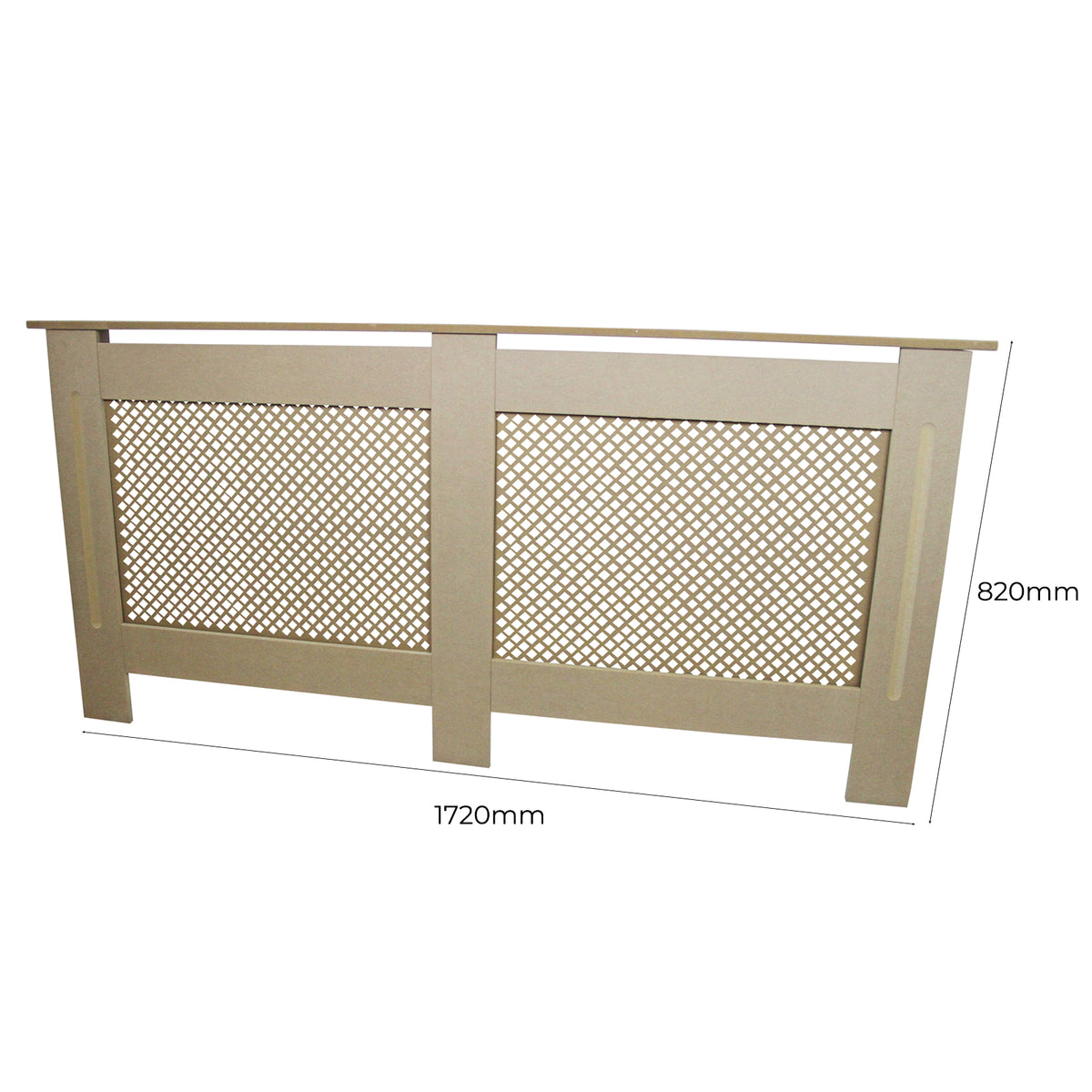Heizkörperabdeckung aus unbehandeltem MDF, 1720 mm lang und 820 mm hoch, mit dekorativem Gittermuster und glatter, heller Oberfläche