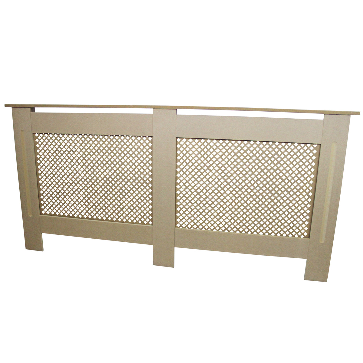 Heizkörperabdeckung aus unbehandeltem MDF in hellem Beige, mit dekorativem Gittermuster und glatter Oberfläche, 1720 mm lang