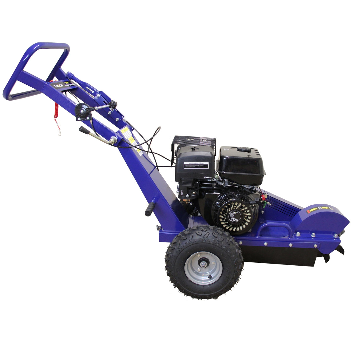 Blau lackierte Baumstumpffräse mit robustem Motor, großen Gummireifen und ergonomischem Griff für einfache Handhabung und Mobilität