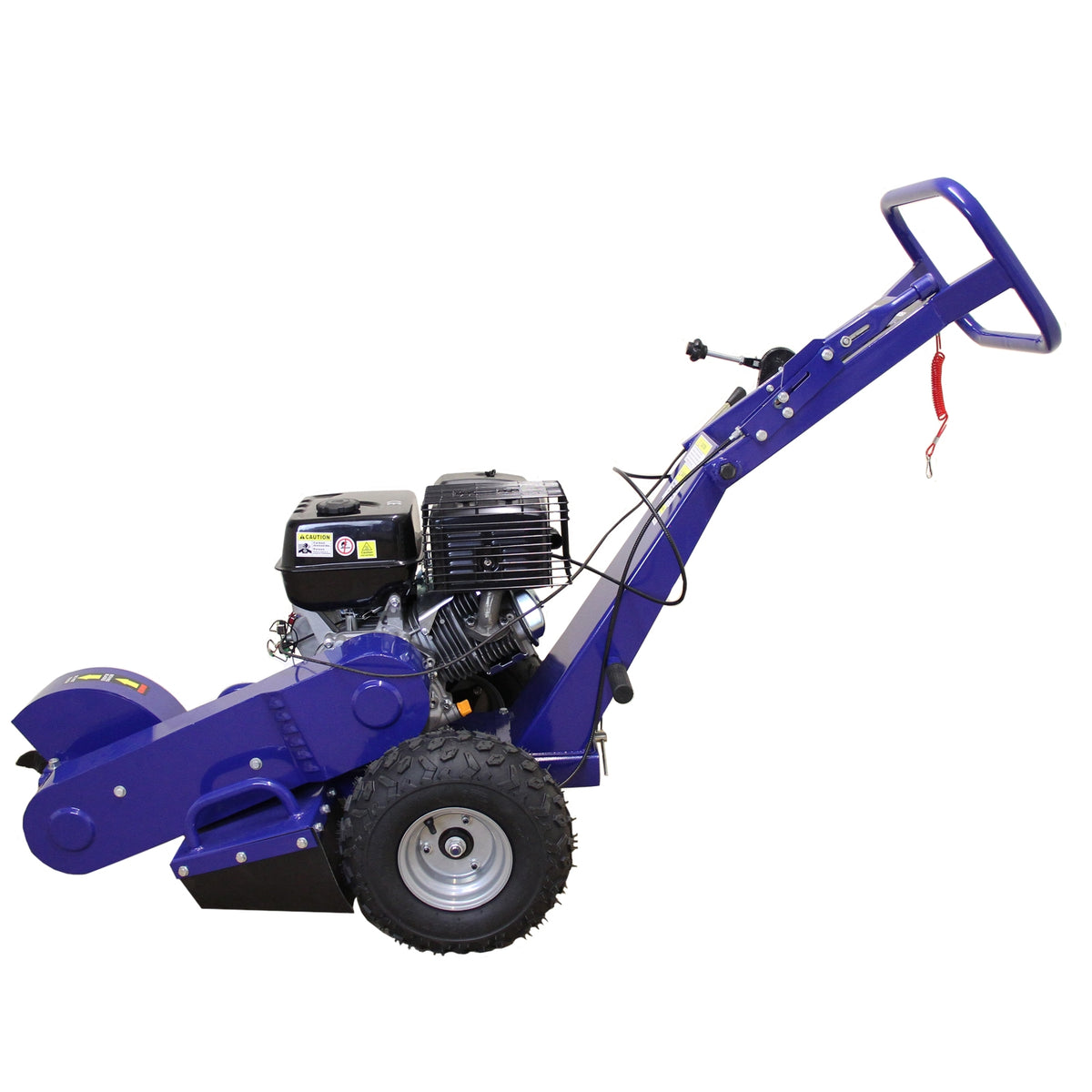 Blauer Baumstumpffräse mit robustem Motor, großen Gummireifen und ergonomischem Griff, ideal zum Entfernen von Baumstümpfen und Wurzeln