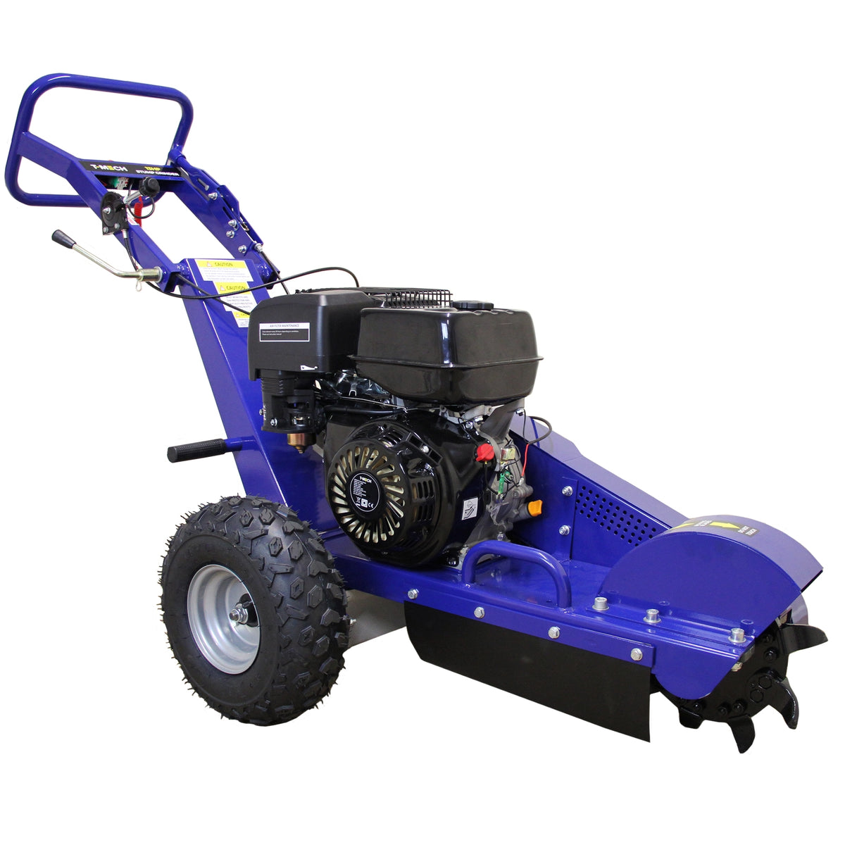 Blau lackierte Baumstumpffräse mit robustem Motor, breiten Gummireifen und stabiler Bauweise, ideal für die effektive Entfernung von Baumstümpfen