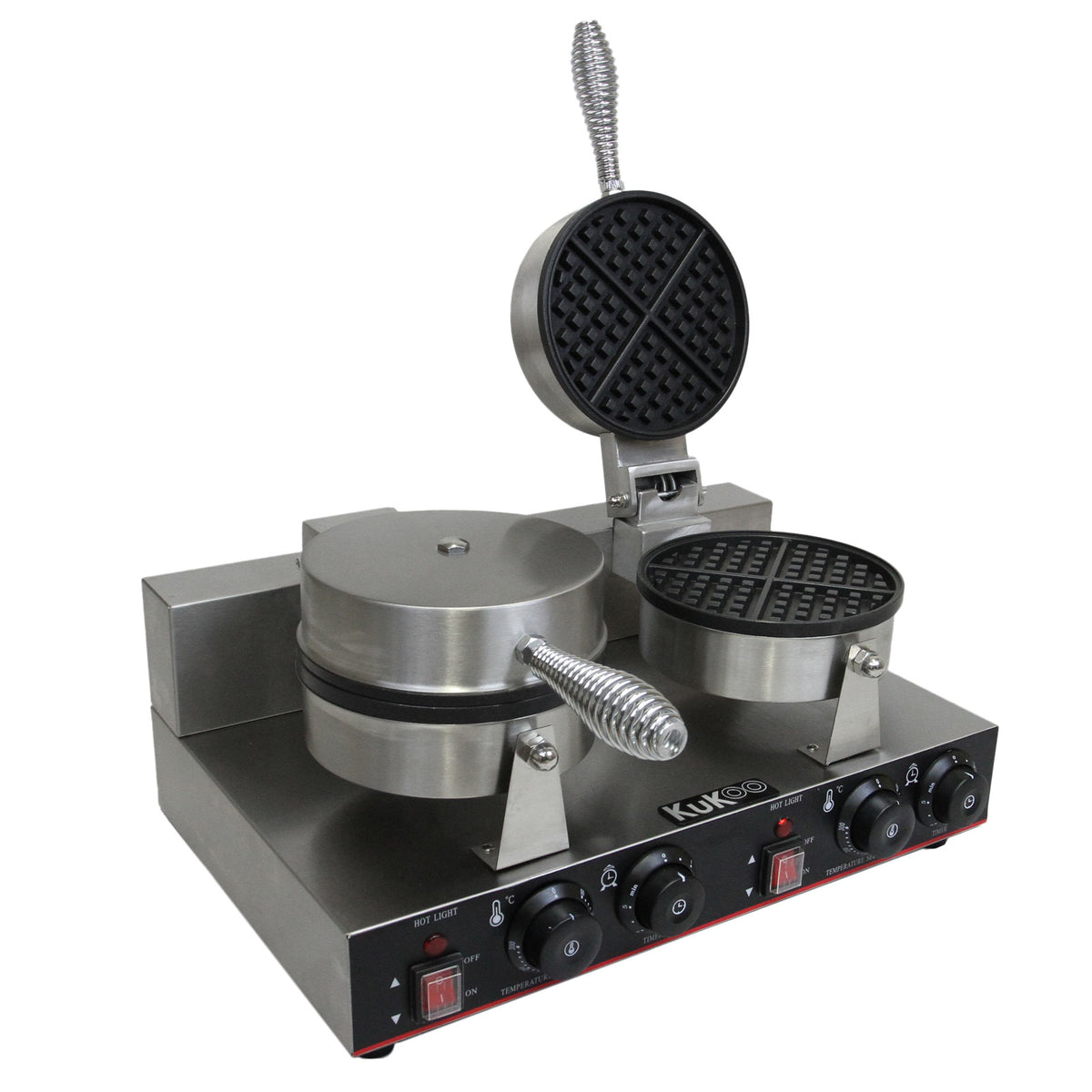 Professionelles doppeltes Waffeleisen aus Edelstahl mit zwei runden Waffelplatten, verstellbaren Temperaturreglern und robustem Griff