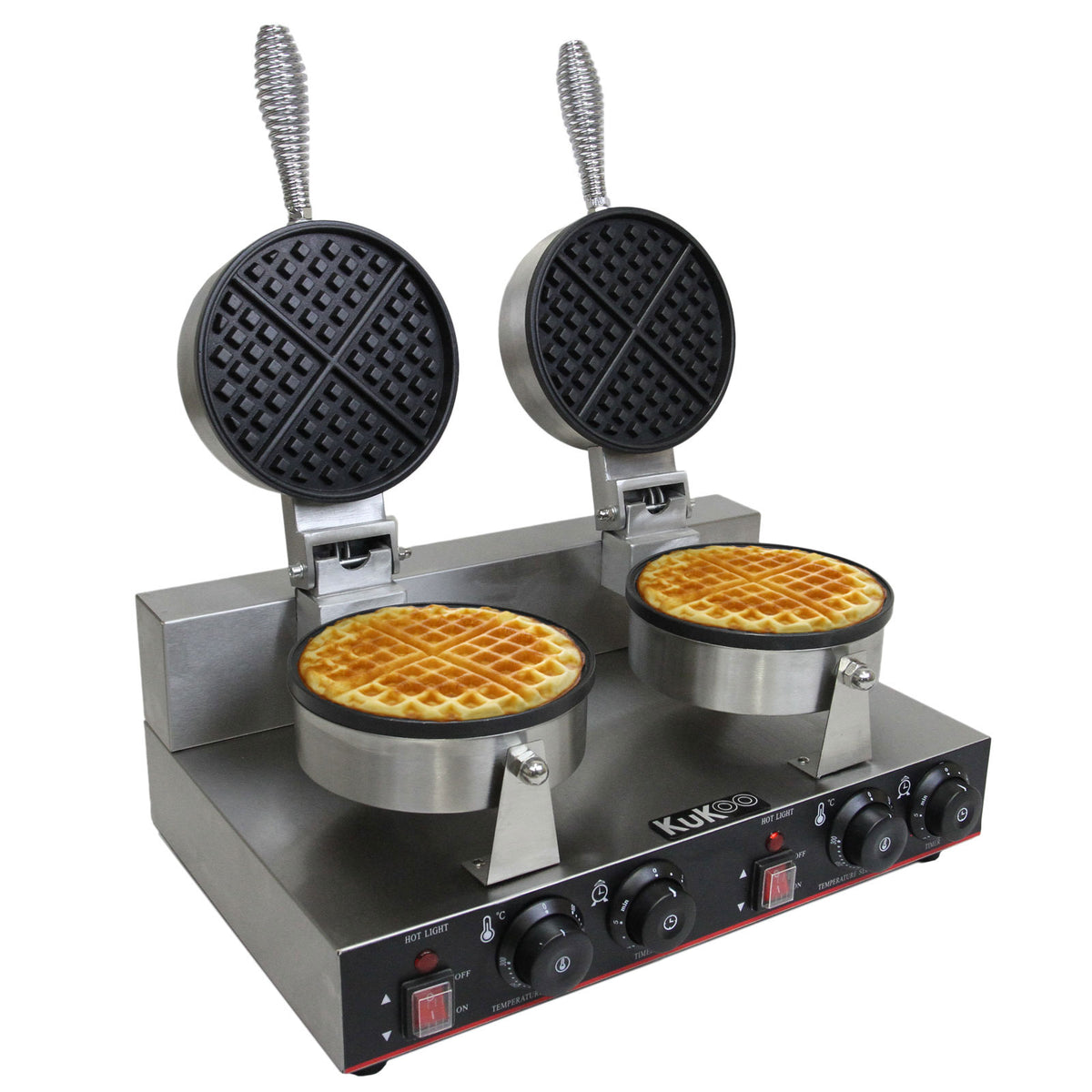 Doppel Waffeleisen von KuKoo mit zwei runden, antihaftbeschichteten Waffelplatten, Edelstahl-Gehäuse und einstellbaren Temperaturreglern für perfekte Waffeln