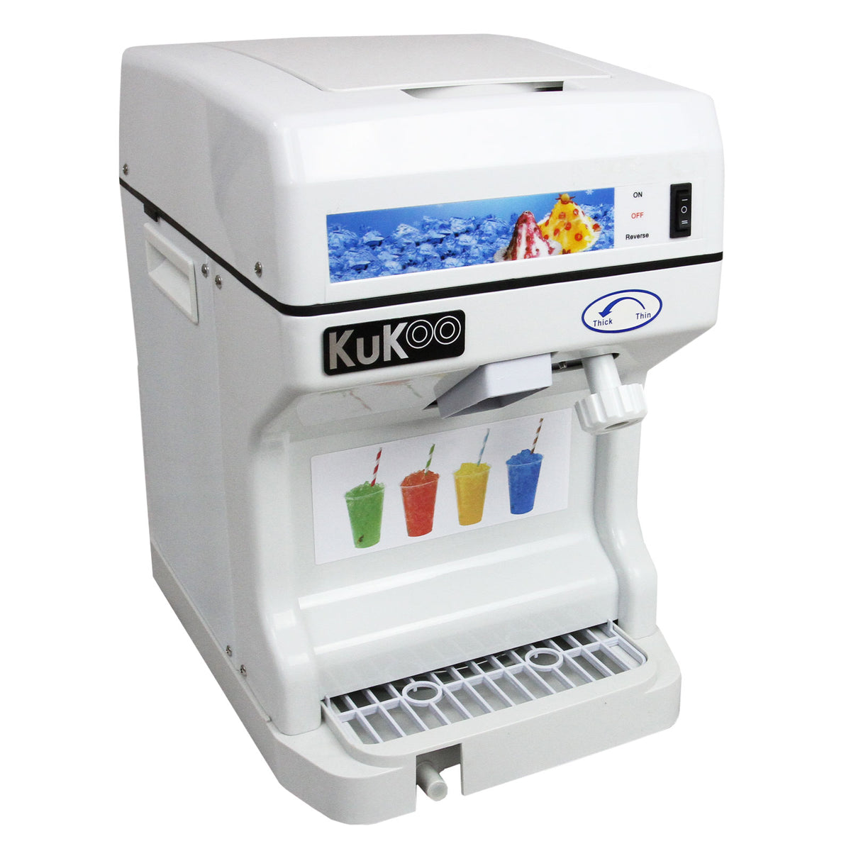 Weiße KuKoo Slush Eismaschine mit Bedienfeld, Auslauf und bunten Eissorten auf dem Display, ideal für erfrischende Slush-Getränke