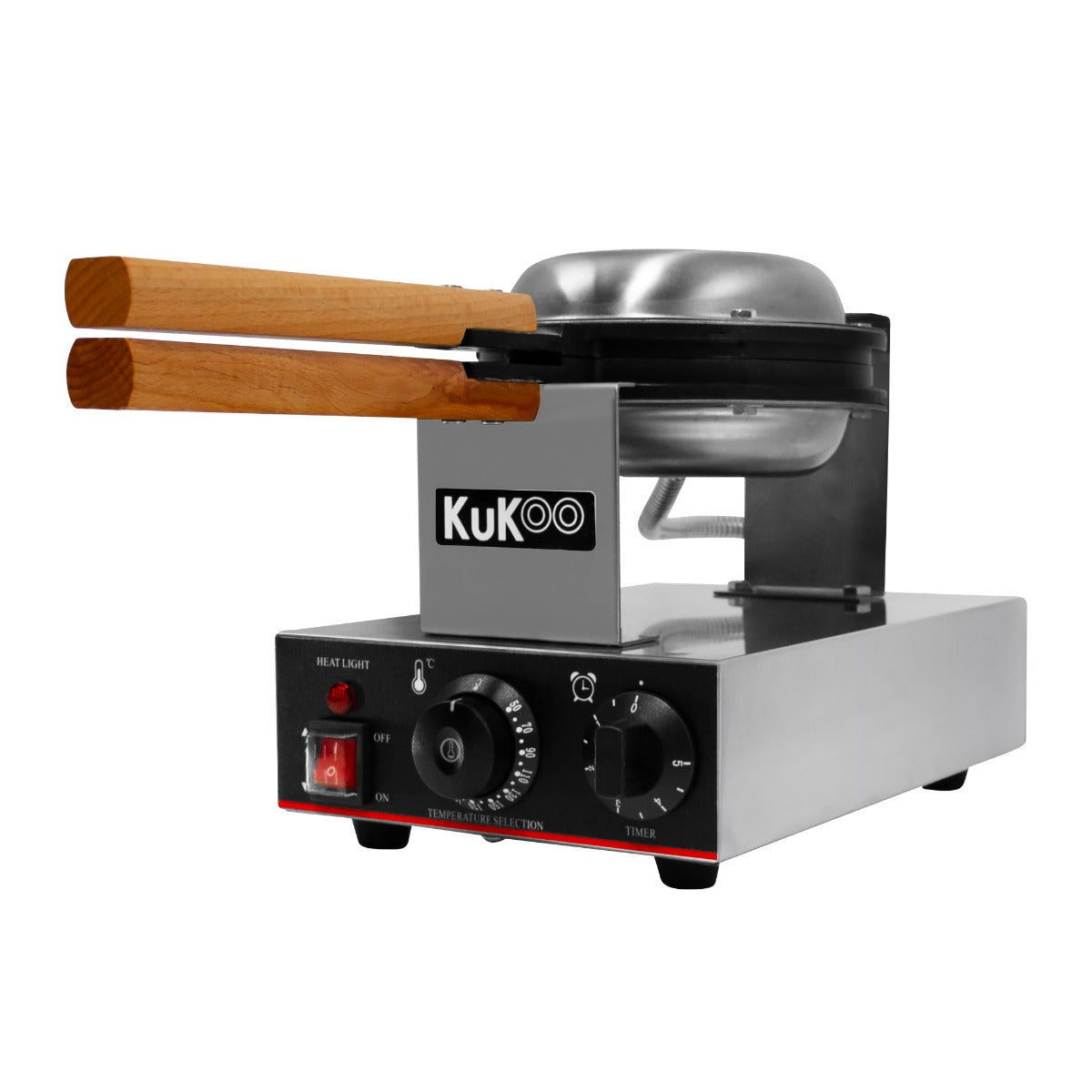Professionelles KuKoo Waffeleisen aus Edelstahl mit Holzgriffen, Temperaturregler und Timer für perfekte Waffeln in jeder Küche