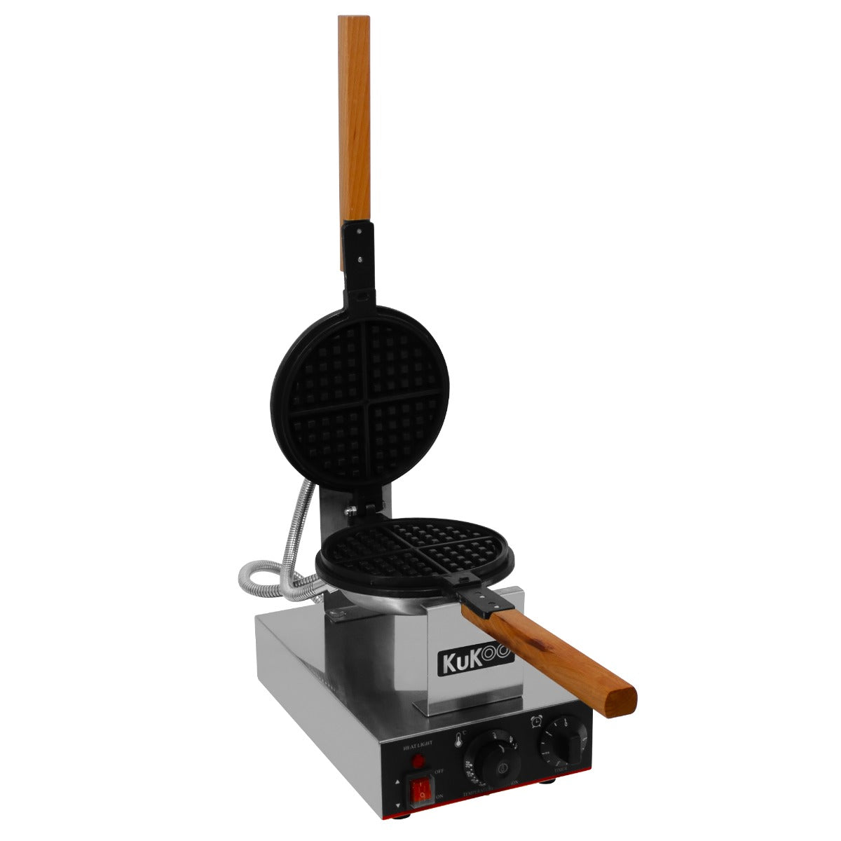 Schwarzes KuKoo Profi Waffeleisen mit Holzgriff, glänzendem Edelstahlgehäuse und zwei runden Waffelplatten mit rautenförmigen Vertiefungen