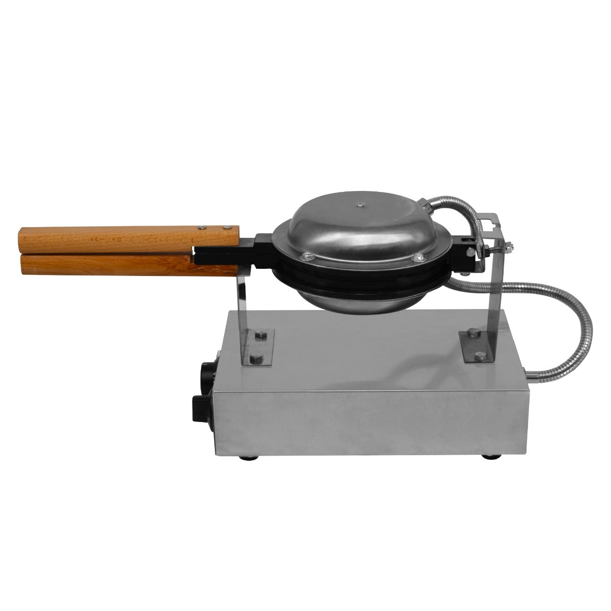 Profi Waffeleisen von KuKoo mit glänzendem Edelstahl-Gehäuse, Holzgriffen und runder Backform für perfekte Waffeln, robust und langlebig
