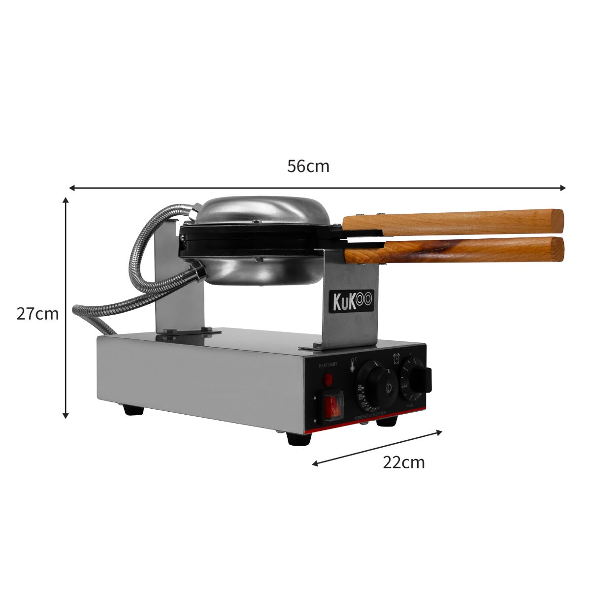 Das KuKoo Profi Waffeleisen mit silberner Oberseite, Holzgriffen und robustem Gehäuse, ideal für die Zubereitung von knusprigen Waffeln