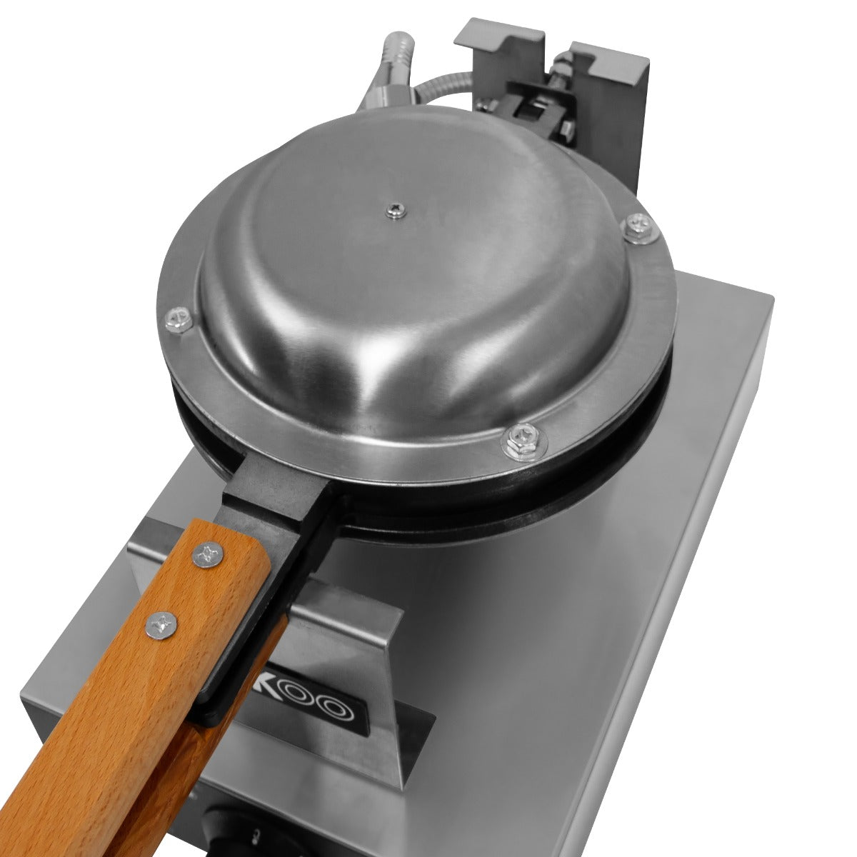 Hochwertiges KuKoo Profi Waffeleisen mit glänzendem Edelstahl-Gehäuse, Holzgriff und präziser Temperaturkontrolle für perfekte Waffeln