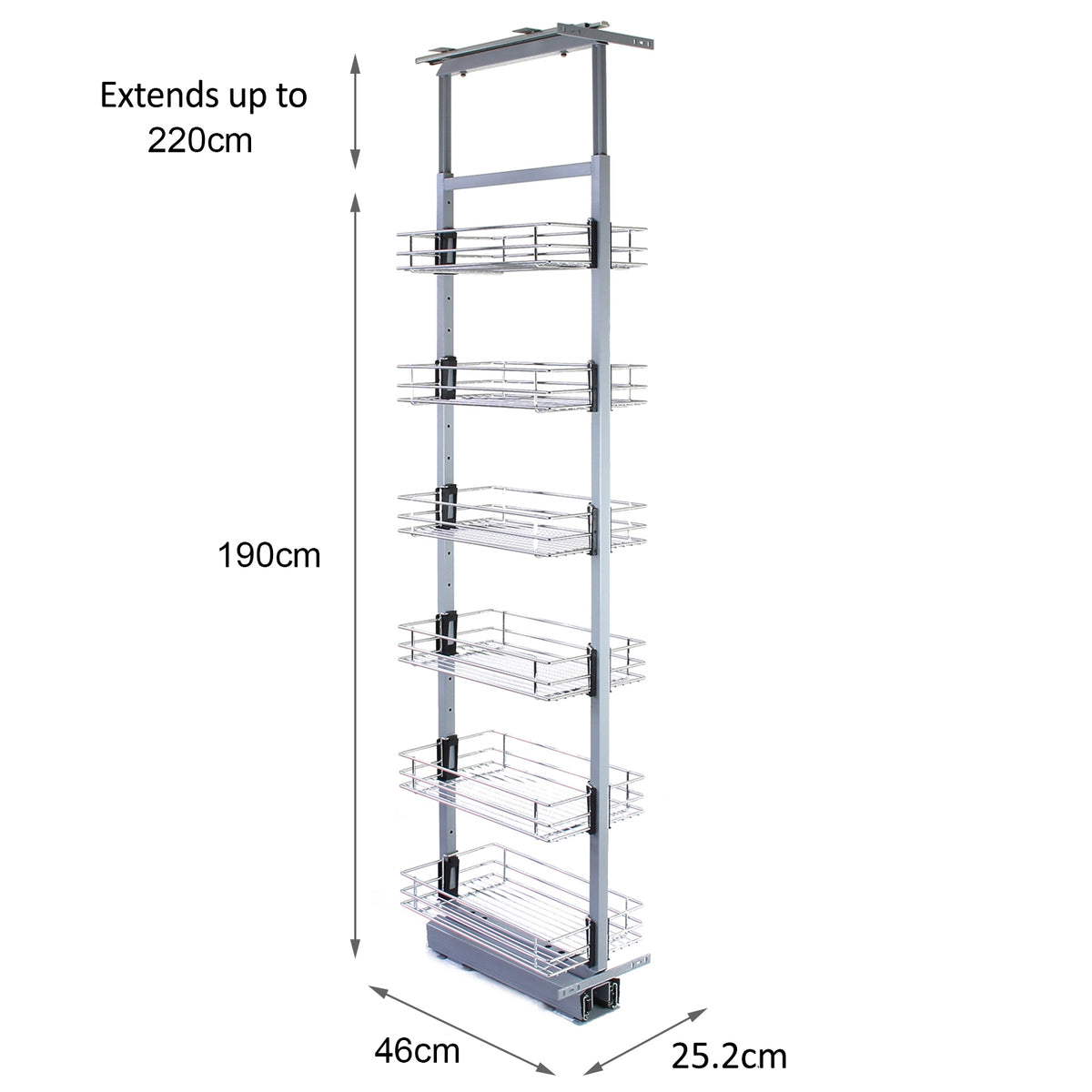 Ausziehbarer Vorratsschrank in Silber mit sechs Drahtkörben, verstellbar von 190 cm bis 220 cm, ideal für Küchenorganisation und Stauraumoptimierung