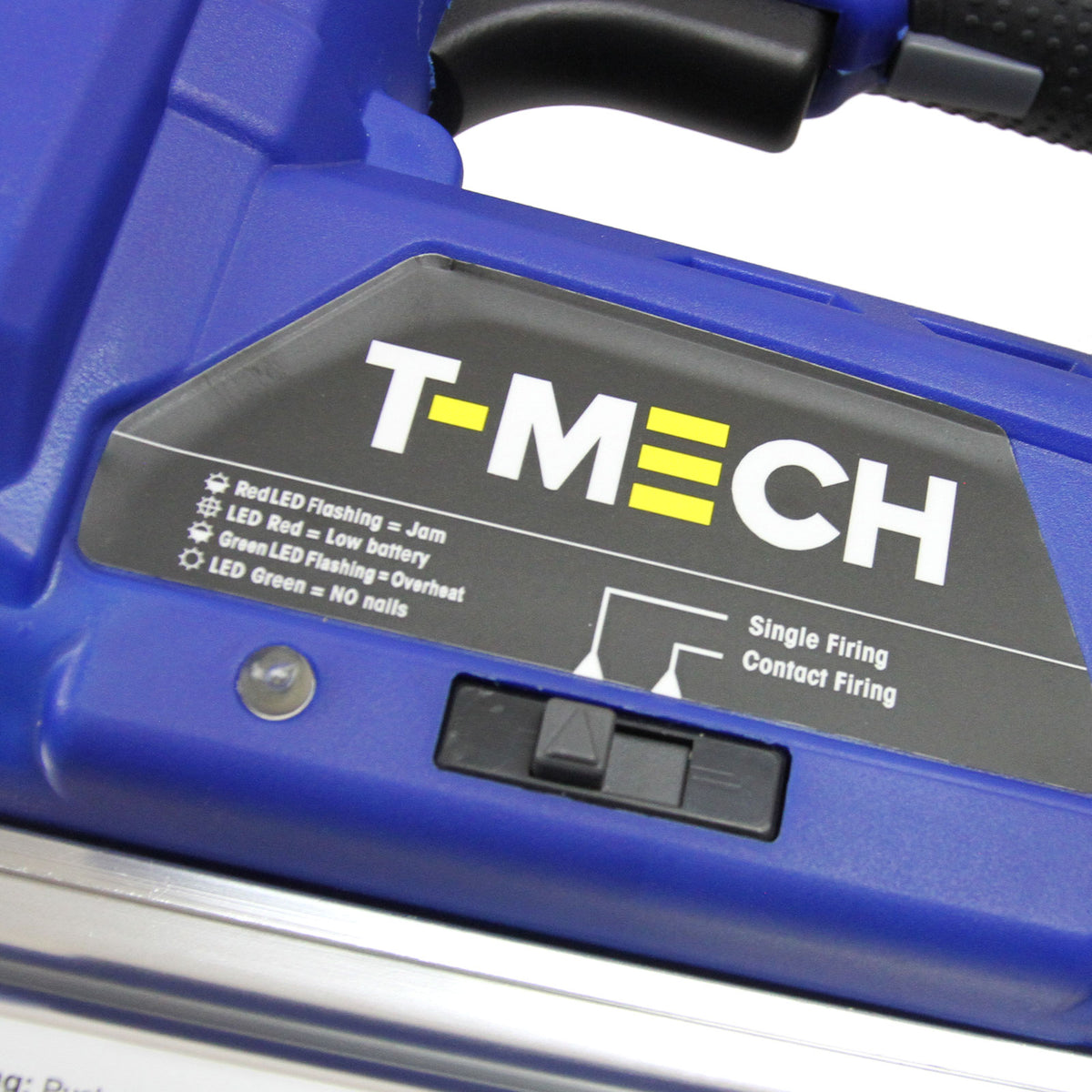 Blauer T-Mech Elektrotacker mit Bedienfeld, LED-Anzeigen für Betriebsstatus, Schalter für Einzel- und Kontaktfeuer, robustes Design