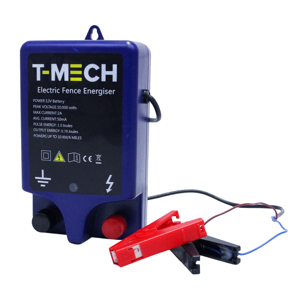 T-Mech elektrisches Weidezaungerät in Blau mit rotem Anschlusskabel, zeigt die technischen Details und die robuste Bauweise für effektiven Zaunschutz