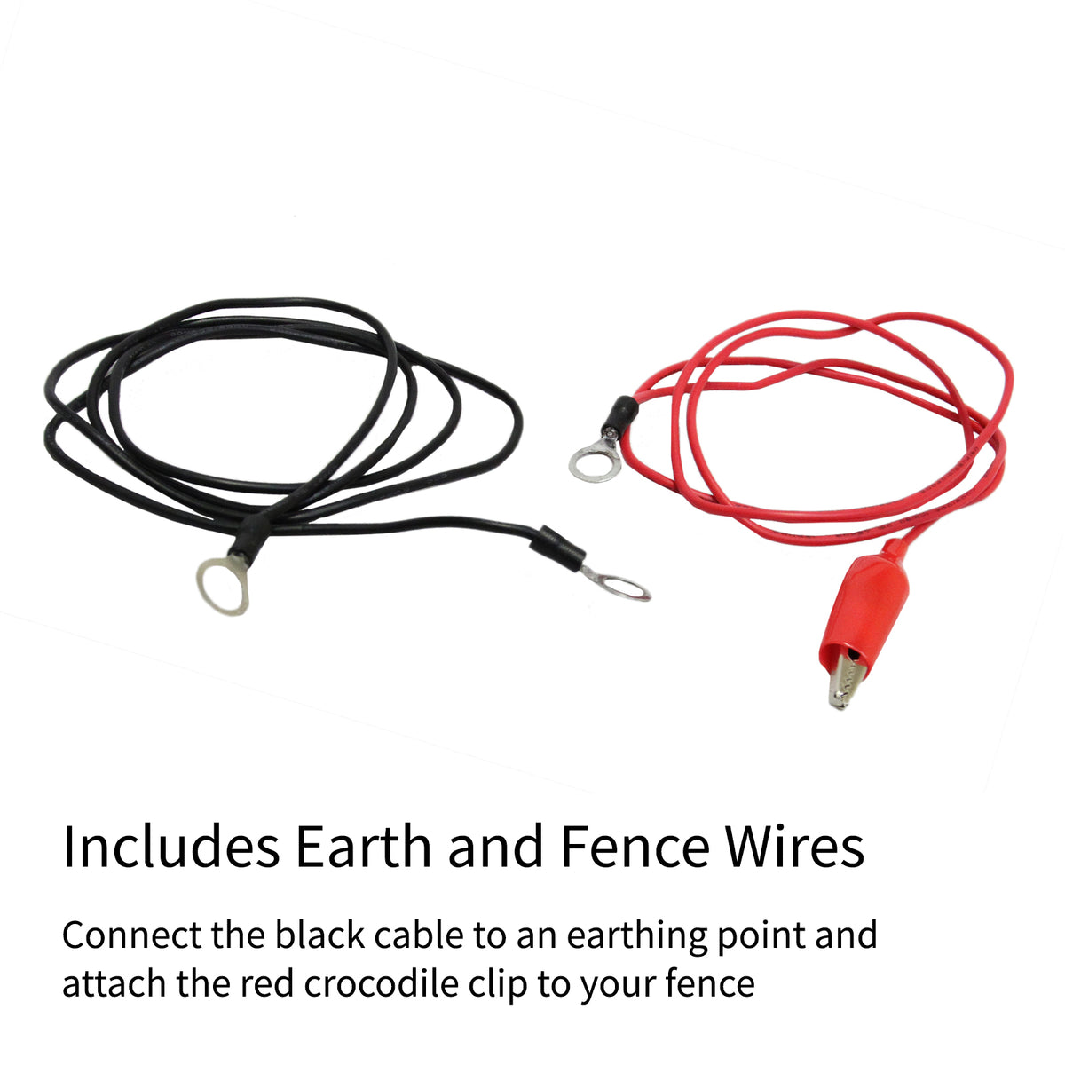 Schwarzes und rotes Kabel mit Krokodilklemmen, ideal für den Anschluss an ein elektrisches Weidezaungerät, flexibel und langlebig