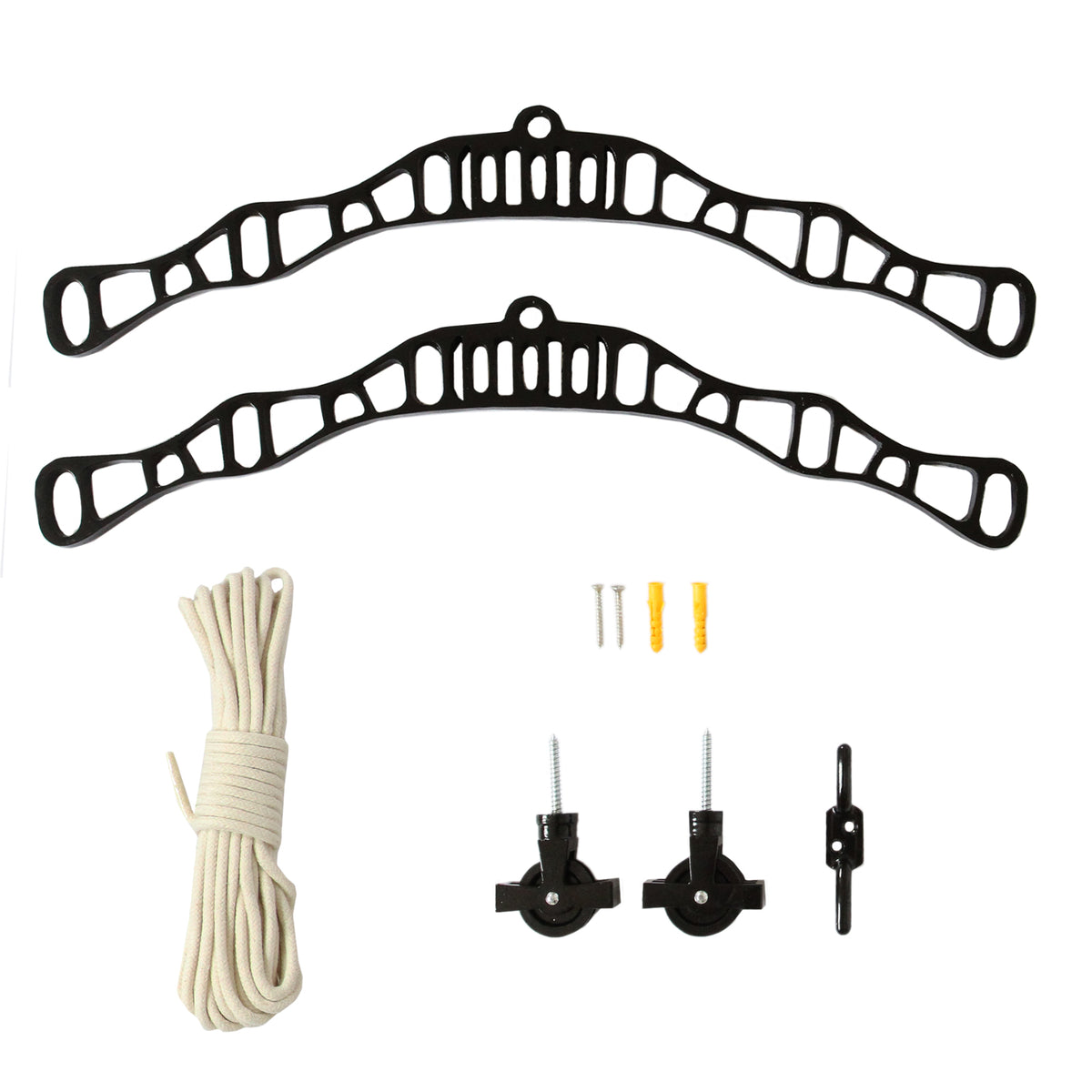 Deckentrockner aus schwarzem Holz mit zwei Halterungen, Schnur und Montagematerial, ideal für platzsparendes Trocknen von Wäsche