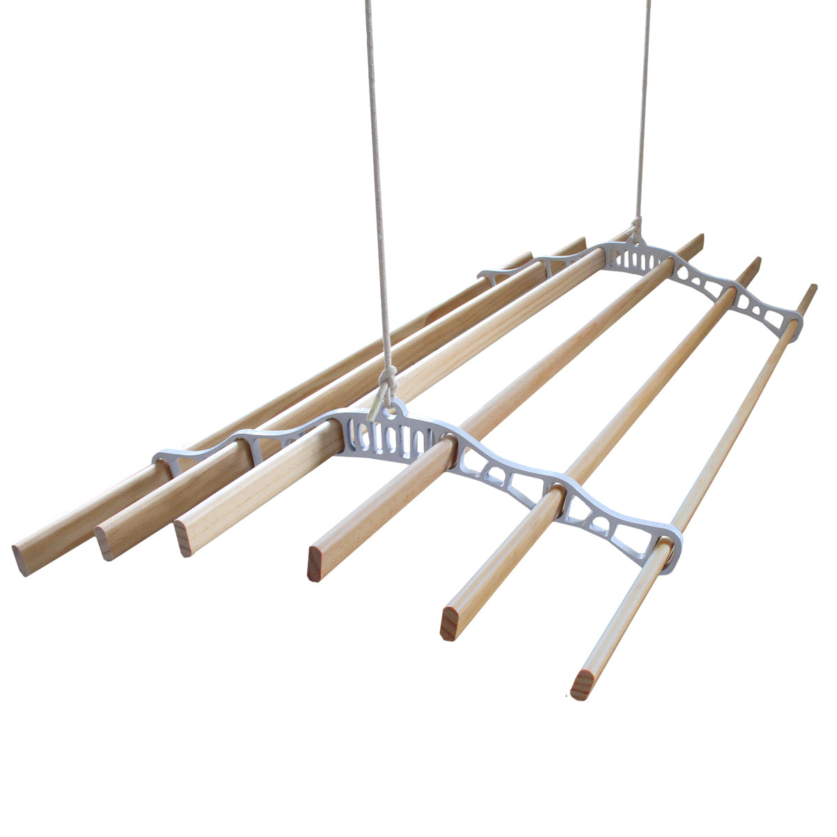 Deckentrockner aus Holz in Weiß, 1,8 m lang, mit glatten, hellen Holzlatten und stabilen Halterungen, ideal zum Wäschetrocknen in Innenräumen