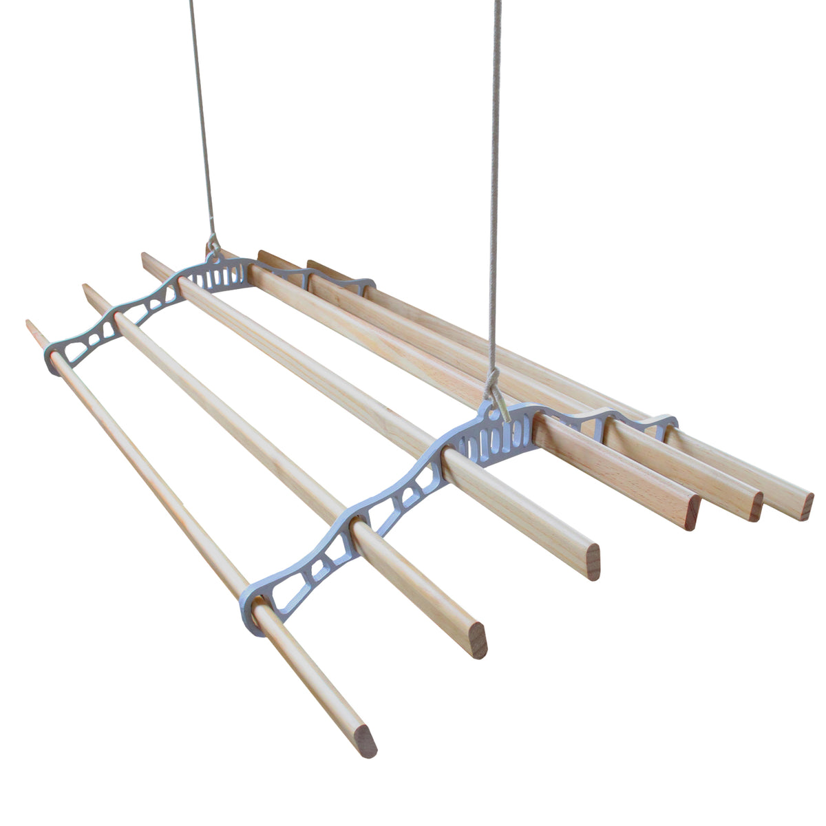 Deckentrockner aus Holz in Weiß, 2 Meter lang, mit glatten Holzstangen und stabiler Aufhängung, ideal zum Wäschetrocknen in Innenräumen