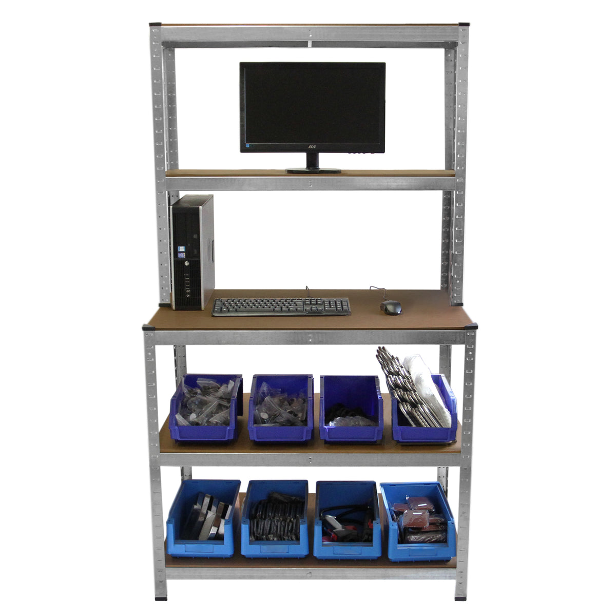 Robuste Galwix Werkbank mit Metallrahmen, Holzarbeitsfläche, Computerbildschirm, Tastatur und blauen Aufbewahrungsboxen für Werkzeuge und Zubehör