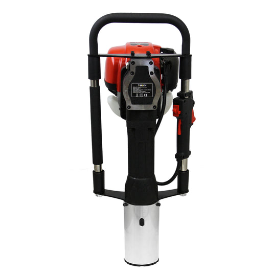 Robuster Erdbohrer mit rotem Motor und schwarzem Griff, ideal für Bauarbeiten, aus strapazierfähigem Material mit glänzendem Metallfuß