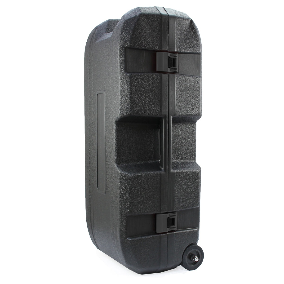 Schwarze, robuste Transportbox mit Rollen, rechteckiger Form und stabilen Verschlüssen, ideal für die sichere Aufbewahrung von Werkzeugen und Ausrüstung