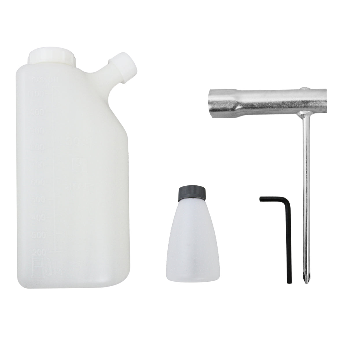 Transparente Kunststoffflasche mit Messskala, Metallwerkzeug und kleiner Flasche, ideal für die T-Mech 4-Takt Pfahlramme 120mm, vielseitig einsetzbar