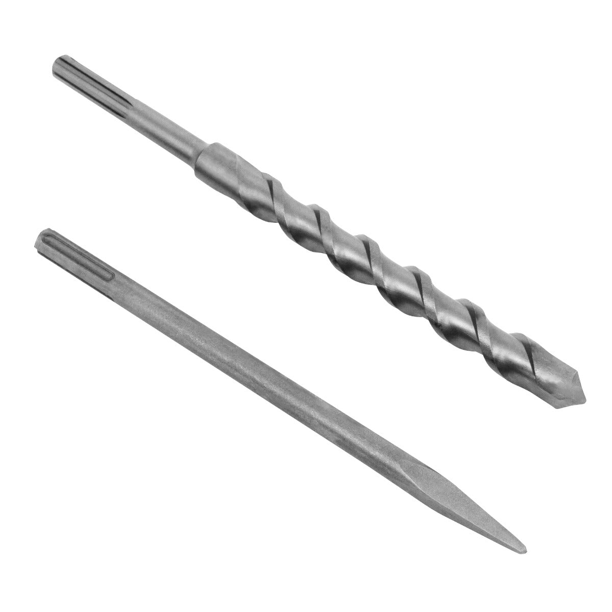 Zwei Metallbohrer in silberner Farbe, einer mit spiralförmiger Schneide und der andere mit spitzem Ende, ideal für präzises Bohren und Meißeln