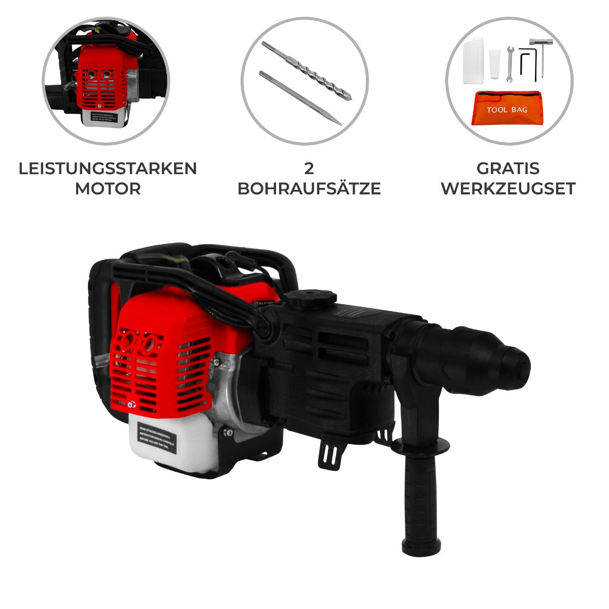 T-Mech 2-Takt Schlagbohrer in rot und schwarz, leistungsstarker Motor, ergonomischer Griff, inklusive zwei Bohrersätzen und Werkzeugtasche