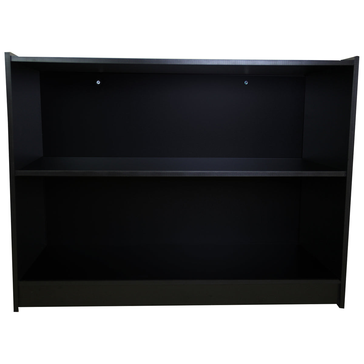 Schwarze A1200 Verkaufstheke mit zwei offenen Regalen, aus robustem Material, ideal für den Einzelhandel oder als Empfangstheke