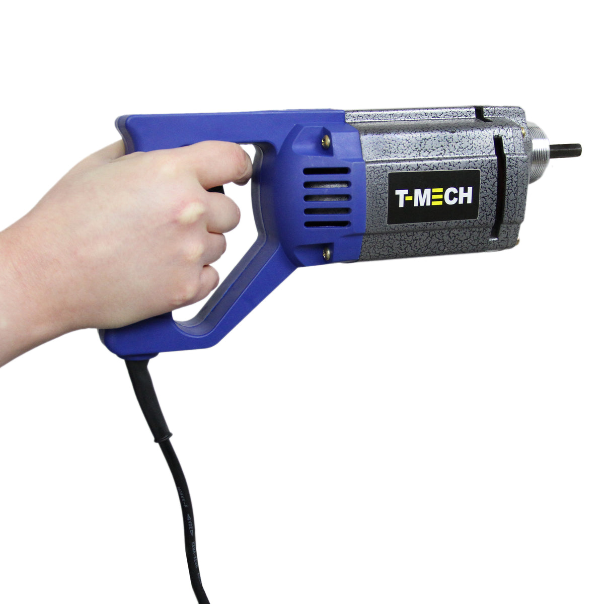 Der T-Mech Betonrüttler in Blau und Silber, ergonomischer Griff, robustes Gehäuse, ideal für das Verdichten von Beton und anderen Materialien