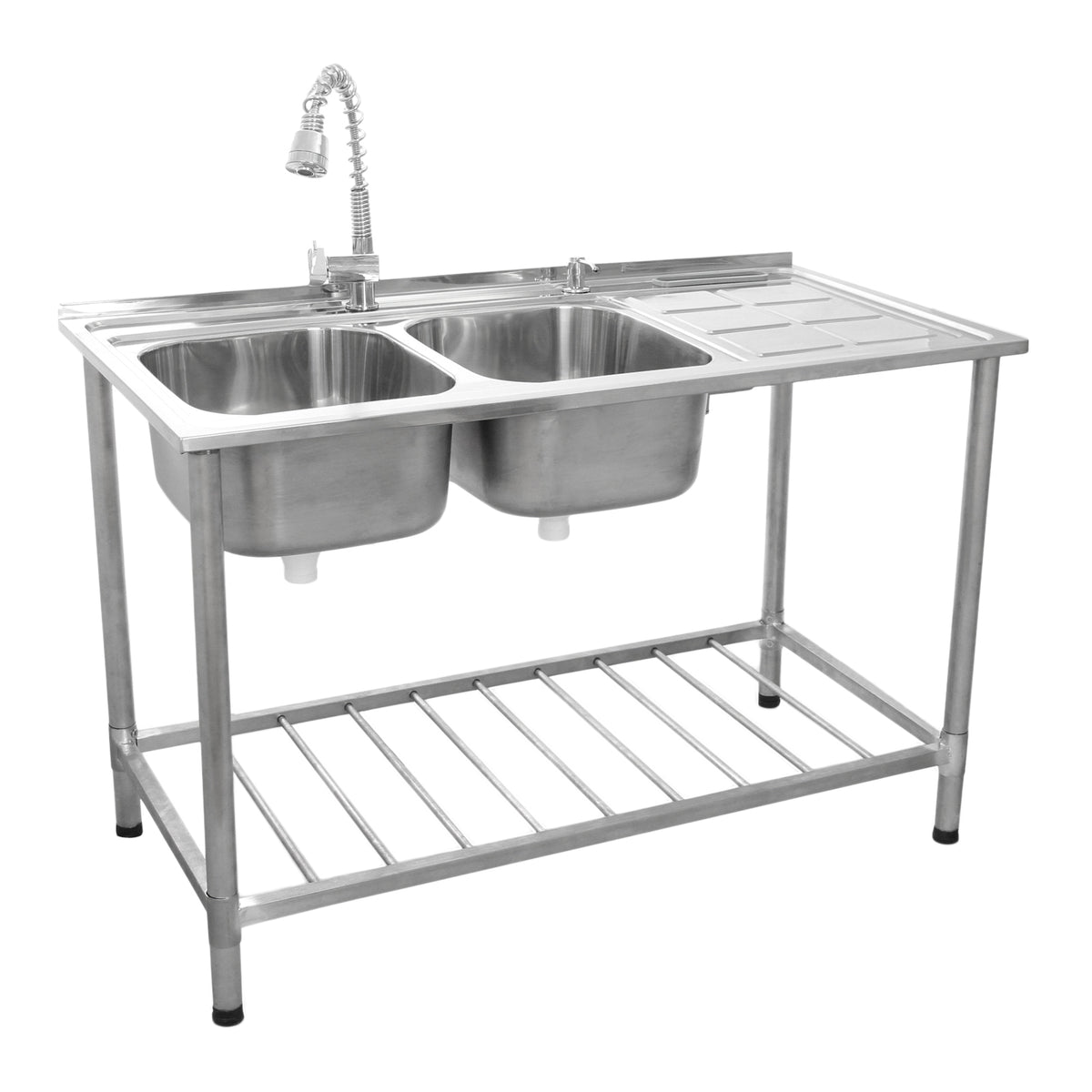 Kukoo Gastrospüle mit zwei Edelstahlbecken, rechter Abtropffläche, stabiler Metallrahmen und flexibler Wasserhahn für effizientes Abwaschen