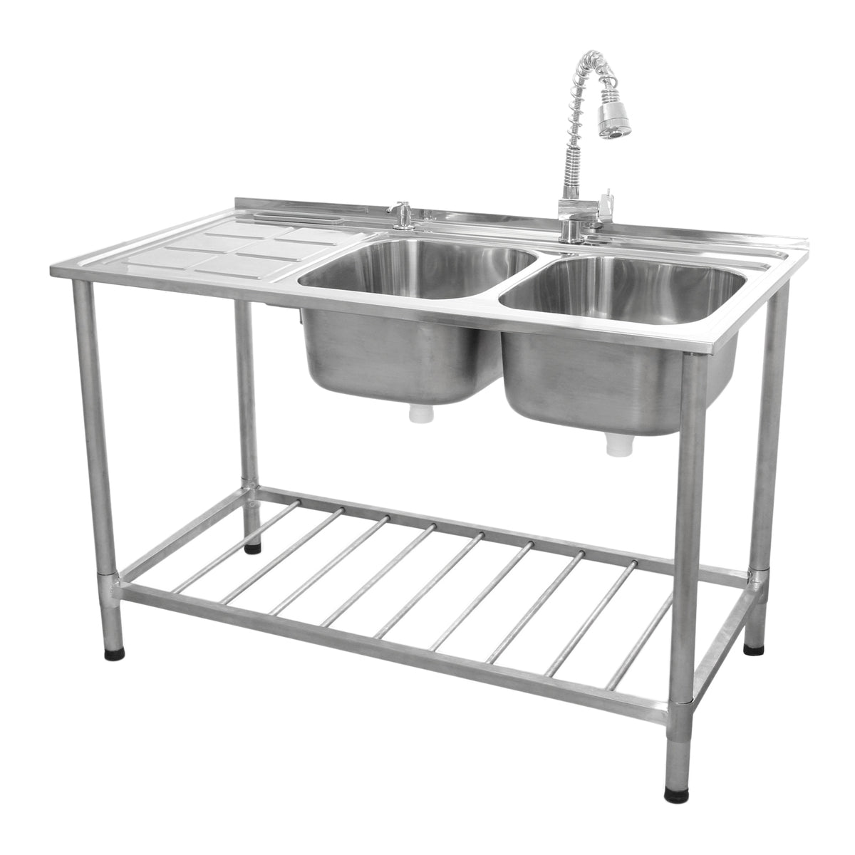 Edelstahl Gastrospüle mit zwei Becken, flexibler Wasserhahn, links Abtropffläche, stabiler Rahmen, ideal für Gastronomie und professionelle Küchen