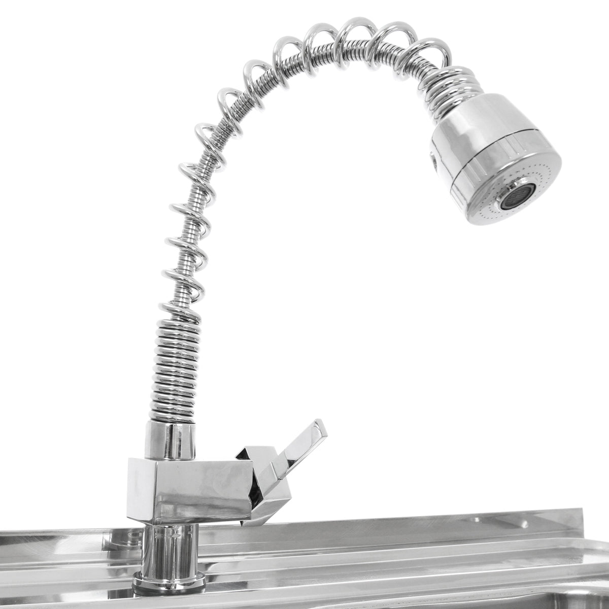 Hochwertige Edelstahl-Gastrospüle mit linksseitiger Abtropffläche, flexibler, verchromter Sprüharm mit modernem Design und glänzender Oberfläche