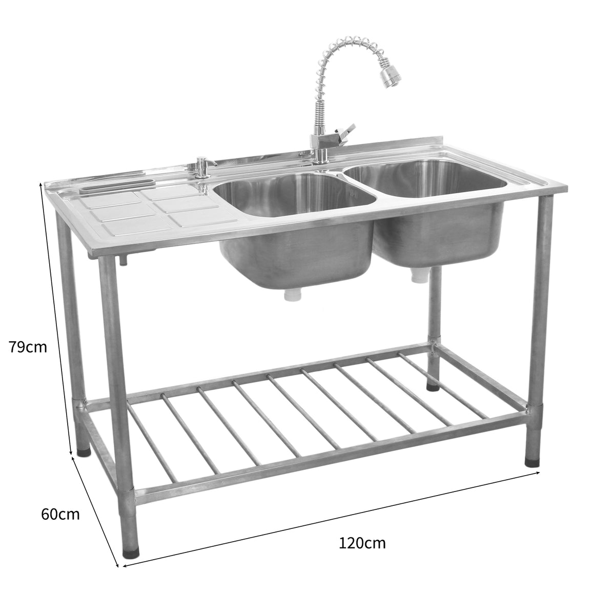 Kukoo Gastrospüle mit zwei Edelstahlbecken, links Abtropffläche, verchromtem Wasserhahn, stabiler Metallrahmen, Maße 120x60x79 cm