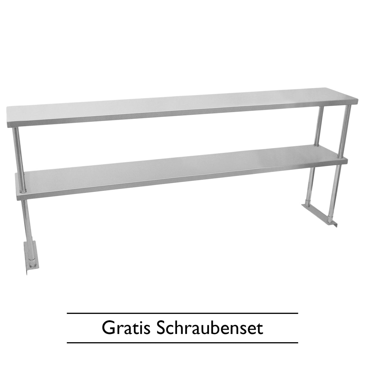 Hochwertiges Edelstahlregal mit zwei stabilen Ablagen, 180 cm lang, glänzende Oberfläche, ideal für Gastronomie und Lagerung, inklusive Schraubenset