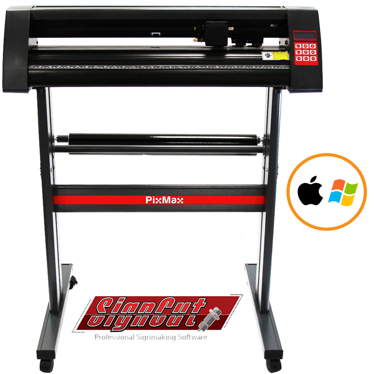 Schwarzer PixMax 720mm Schneideplotter mit rotem Akzent, stabiler Metallbasis, kompatibel mit Windows und Mac, inklusive SignCut Software