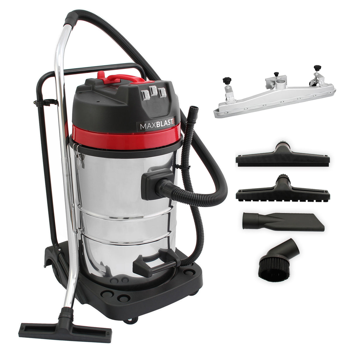 Robuster Maxblast Industriesauger mit 80 Litern, 3000W, glänzendem Edelstahlbehälter, rotem Deckel, flexibler Schlauch und verschiedenen Aufsätzen für vielseitige Anwendungen