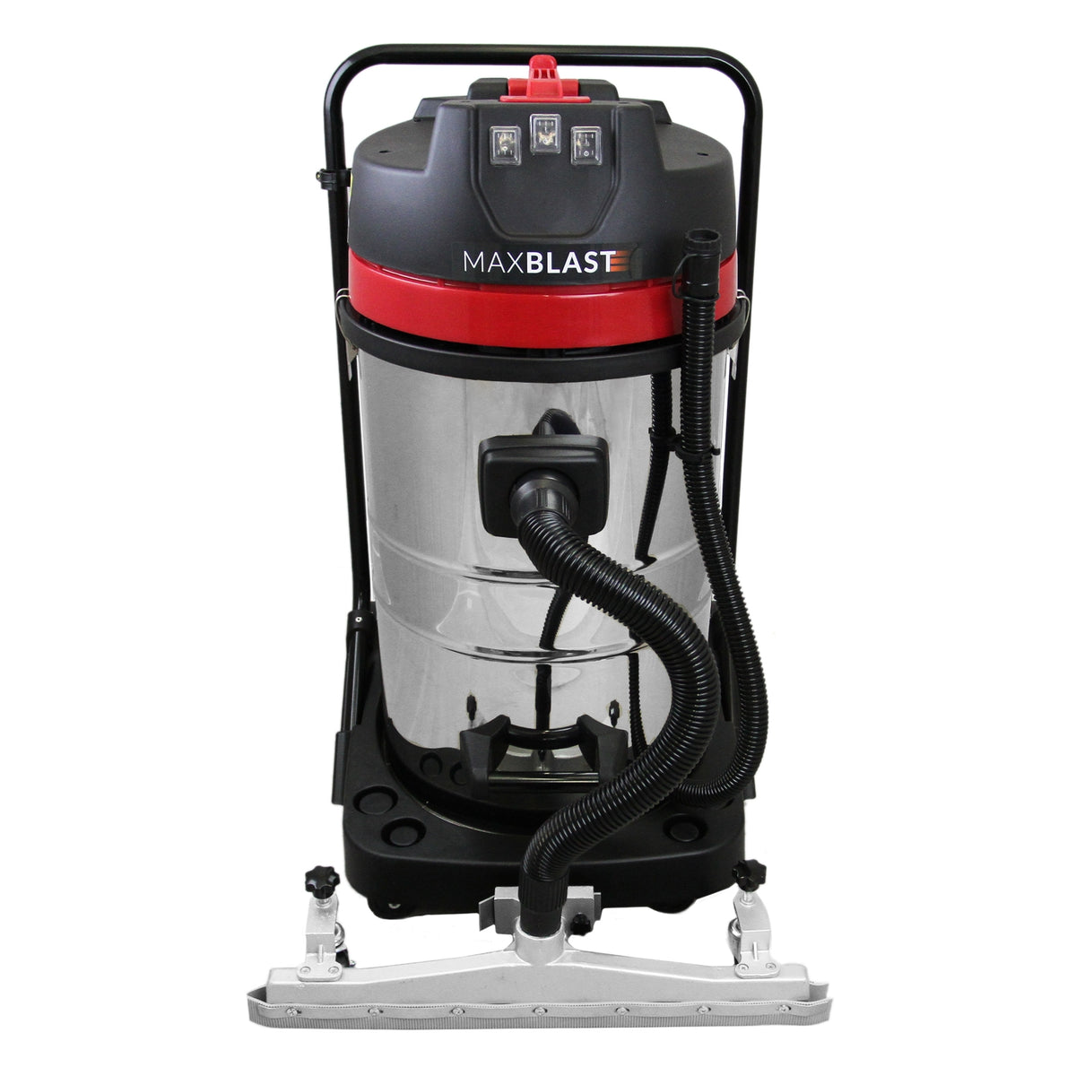 Maxblast 80 Liter Industriesauger in glänzendem Edelstahl mit rotem Deckel, robustem Schlauch und stabilen Rollen für effizientes Saugen in Industrieumgebungen