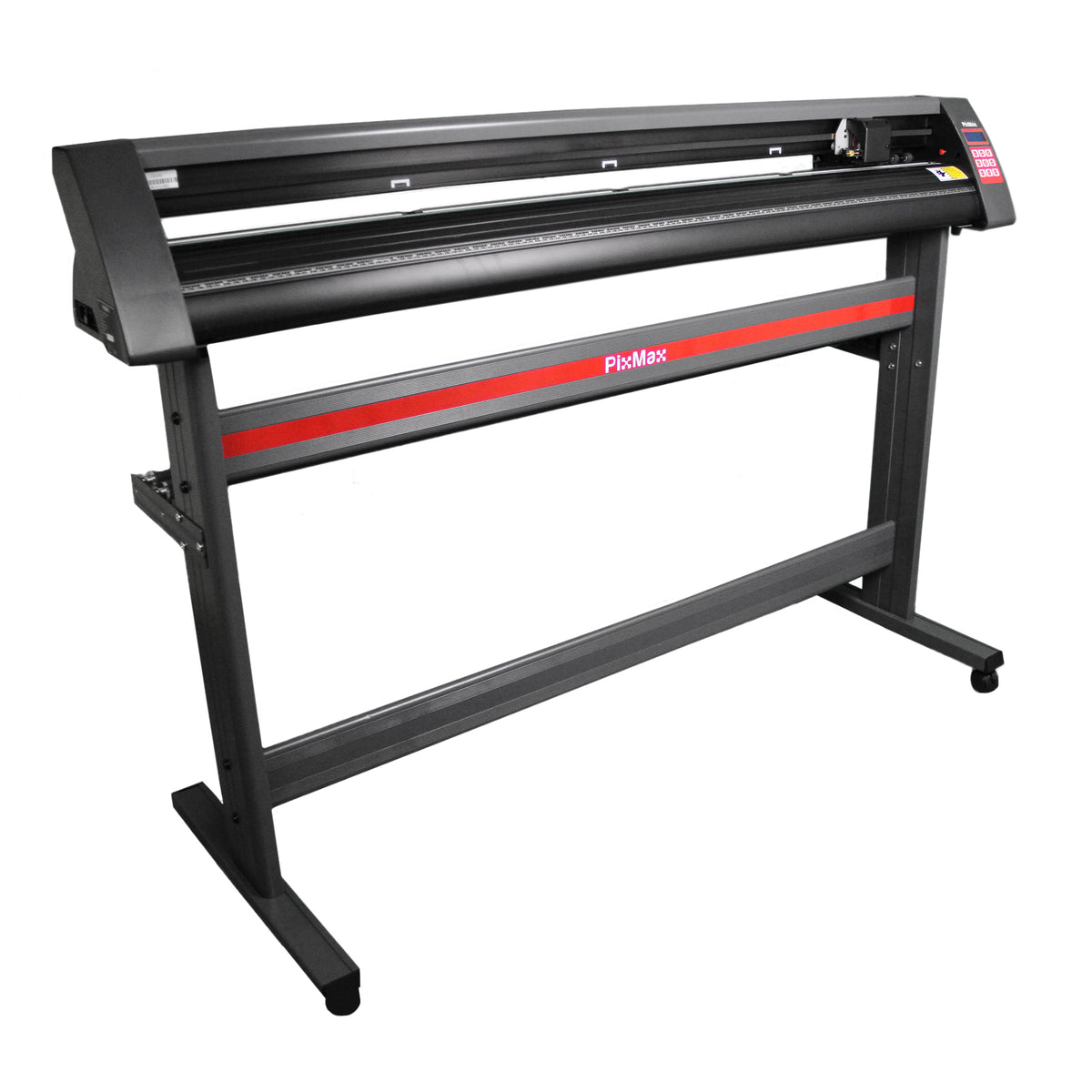 Schwarzer 1350mm Vinylschneider mit stabiler Metallbasis, rotem Akzent und präziser Schneideeinheit für vielseitige Anwendungen in der Grafikproduktion
