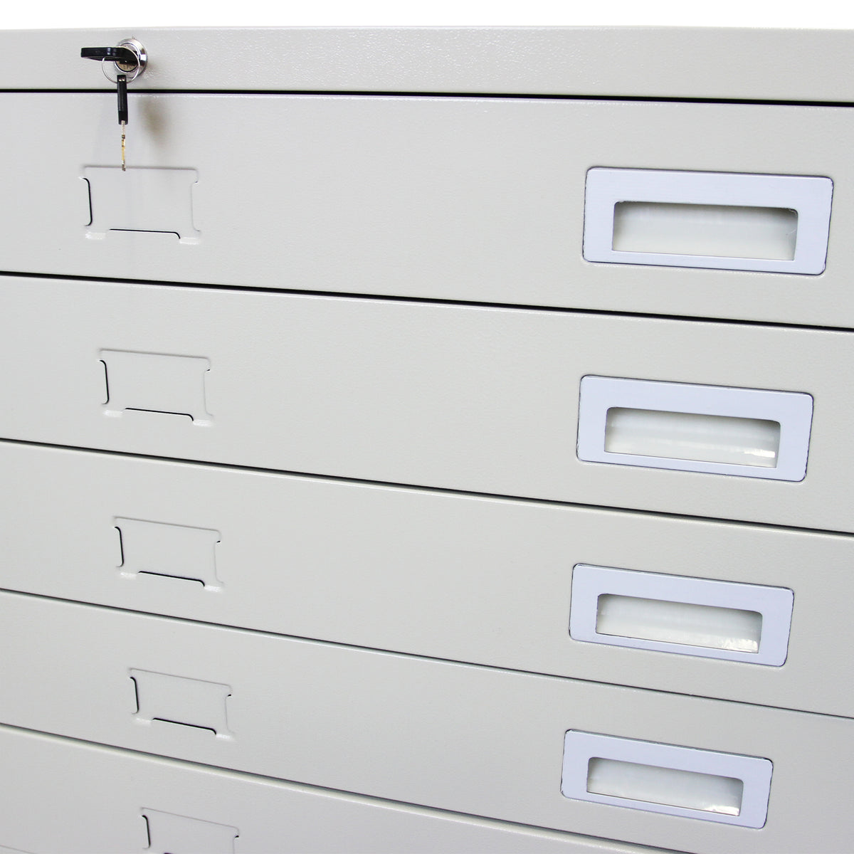 Grauer Architektenschrank mit fünf Schubladen, schlüsselsicher, klare Etikettenfenster, glatte Oberfläche und modernes Design für Büros und Studios